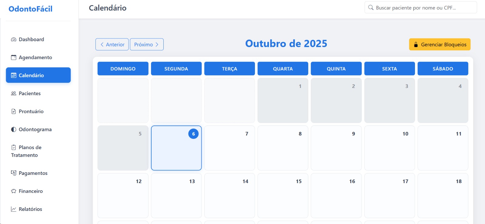 Tela do Calendário